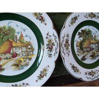 2Er Set Ascot Service Speiseteller Von Wood & Sons England Ironstone Cottage Village Green von WinterFinds