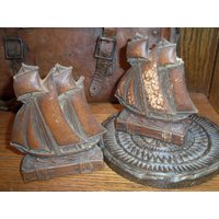 Paar Vintage Buchstützen Siracuse Ornamental Bibliothek Schiff Klipper Boot Segelboot von WinterFinds