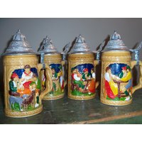 Set Von 4 Vintage Keramik Bierkrüge Japan Mit Metall Deckeln von WinterFinds
