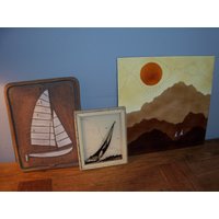 Tolles Set Von 3 Vintage Segelboot Wandkunst Stücke Fliese Keramik Glas Unikat Display Ocean Beach House von WinterFinds