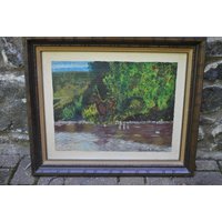 Vintage Gemälde Gerahmte Wandkunst Deer Natur Fluss Bäume Im Freien von WinterFinds
