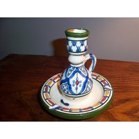 Vintage Terra Cotta Handbemalter Kerzenhalter Kammerstick Keramik Mexiko Spanien von WinterFinds