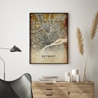 Detroit Antike Stadt Karte Poster - Druck Wandkunst Perfektes Geschenk Büro Dekor Kunst von WinterMuseo