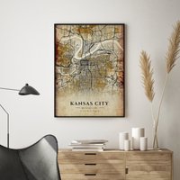 Kansas City Antike Stadt Karte Poster - Druck Wandkunst Perfektes Geschenk Büro Dekor Kunst von WinterMuseo