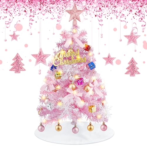 Winthai 60CM Mini Weihnachtsbaum Rosa Künstliche Kleine Weihnachtsbaum Tischplatte, Reiche Weihnachtsbaumkugel Ornamente, Miniatur Weihnachtsbaum Tischplatte für Weihnachtsküchen Esstischdekor. von Winthai