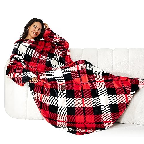 Winthome Decke mit Ärmeln, Kuscheldecke Weich Warm Flauschig, Ärmeldecke mit Klettverschluss und Elastischem Band, TV Decke Sofadecke für Geschenke, Fleecedecke Spart Heizkosten(Rote Plaid, 140x200cm) von Winthome