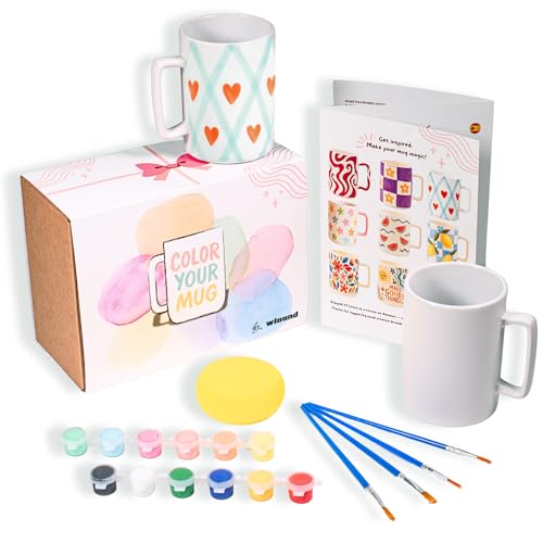 Winund - 2er Set Keramik Tassen zum Bemalen – Tasse zum Bemalen Set für Erwachsene mit Farben und Pinseln – Tassen Malset zum Selbstgestalten von Winund