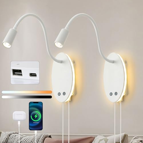 Winverty 2 Stück Bettlampe Wand LED, Leselampe Wandmontage Akku mit Schalter Dimmbar und USB-Ladeanschluss, Flexible Schwanenhals Leselampe für Schlafzimmer Nachttisch Arbeitsbereich von Winverty