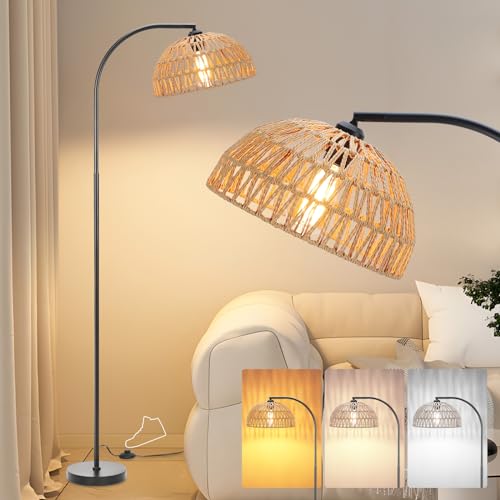 Winverty Boho Stehlampe Wohnzimmer 165cm Vintage Stehleuchte mit Verstellem Rattan Lampenschirm & Fußschalter, Stehleuchte Retro E27 Fassung für Schlafzimmer Büro von Winverty