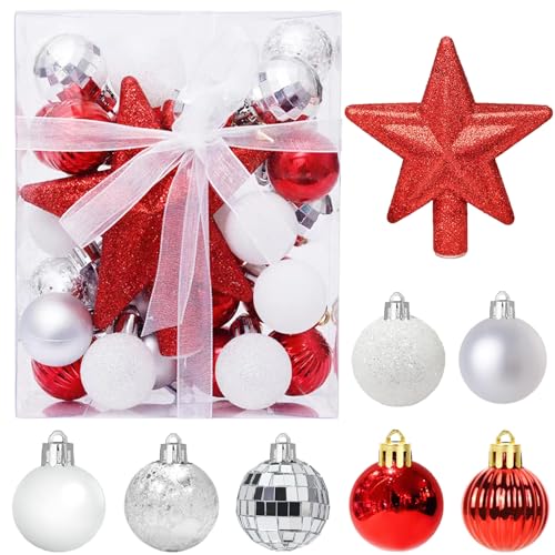 30 Stück Mini Weihnachtskugeln mit Aufhänger,3CM Klein Christbaumkugeln Rot & Weiß Kugeln Mini Weihnachtsbaum Tisch-Weihnachtsbaum Dekorationsset von Winwild