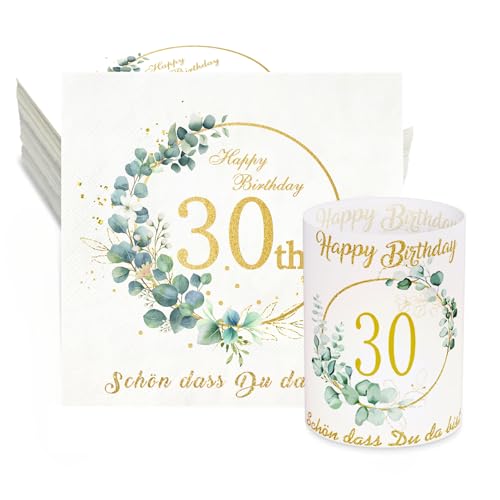 32 Eukalyptus Servietten 30. Geburtstag + 8 Windlicht Tischdeko Schön Dass Du Da Bist Deko für Frauen Männer Happy Birthday Windlichter von Winwild