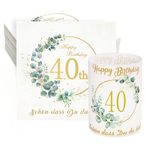 32 Eukalyptus Servietten 40. Geburtstag+8 Windlicht Tischdeko 40 Geburtstag Schön DASS Du Da Bist Deko 40. Geburtstag Frauen Manner Geburtstag Windlichter Servietten Happy Birthday Tischdeko von Winwild