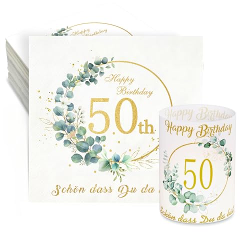 32 Eukalyptus Servietten 50. Geburtstag + 8 Windlicht Tischdeko Schön Dass Du Da Bist Deko Frau Mann Happy Birthday Windlichter von Winwild