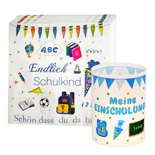 32 Stück Servietten Einschulung+8 Stück Windlicht Tischdeko Einschulung Schön DASS Du Da Bist Servietten Deko Schulkind Einschulung Tischdeko Windlichter Servietten Junge Mädchen von Winwild