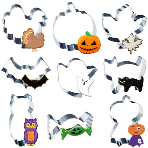 Halloween Ausstecher Set,9 Stück Groß Halloween Keksausstecher Kürbis Geist Fledermaus Katzen Ausstechformen Cookie Cutter Ausstecher Halloween Plätzchenausstecher für Backen von Winwild