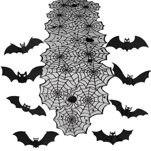 Halloween Tischdeko Set - Tischläufer Spinnennetze mit 24 Fledermaus Deko(Leuchtende Augen),Spinnweben Tischband mit Spitze Tisch Läufer Tischdeko Schwarz Gothic Party Dekoration(180×45cm) von Winwild