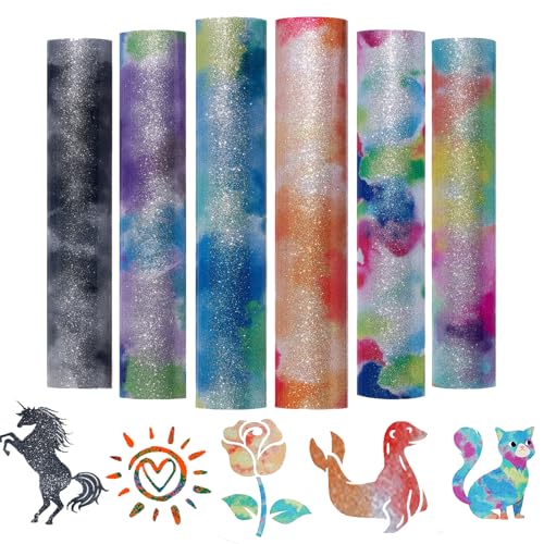 Winwild 6 Stück Plotterfolie Textil Glitzer Tie-dyeing Flexfolie Plotter Textil Heat Transfer Vinyl 30.5 * 20 cm PU Transferfolie Plotter Plotterfolie Vinyl für Textilien,DIY, Stoffe von Winwild