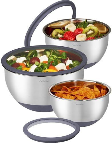 Winzbacher Edelstahl Schüssel mit GLAS-Deckel [3er Set] 1l + 2.5l + 4.5l | Rührschüssel, Salatschüssel, Schüsselset, | rutschfest | stapelbar | Spülmaschinenfest von Winzbacher
