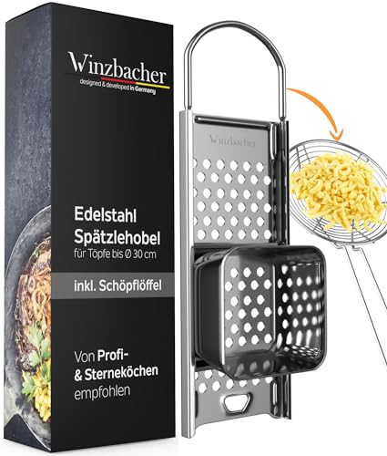 Winzbacher Edelstahl Spätzlehobel + Schöpflöffel [Topf Ø von 16-30cm] Spülmaschinenfest | Rostfrei | Spätzlereibe, Spätzlesieb, Spätzlepresse | für Spätzle & Knöpfle von Winzbacher