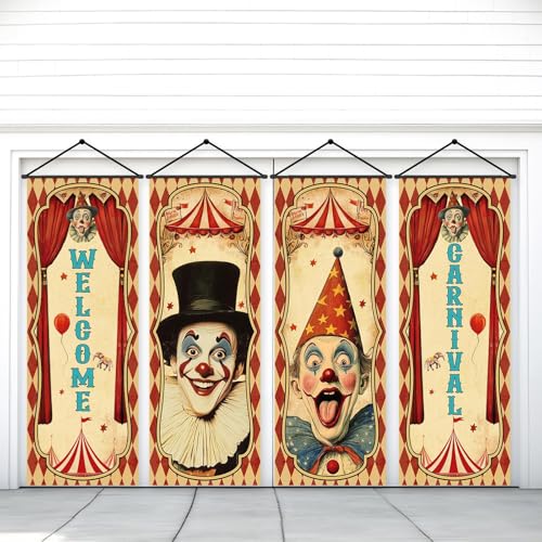 4 Stück Vintage Halloween Karneval hängende Banner Zirkus Karneval Veranda Schild Retro Clown Hintergrund Poster Halloween Zirkus Garage Dekorationen Zubehör für drinnen und draußen hängende von Wiooffen