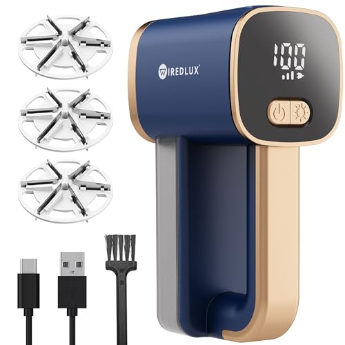 Fusselrasierer Elektrisch WiredLux - Wiederaufladbarer Fusselentferner für Kleidung & Möbel - LED-Licht, Einstellbare 3-Fach Geschwindigkeit, 6-blättrige Klinge, USB-Aufladung (Kobaltblau/Kupfer) von WiredLux