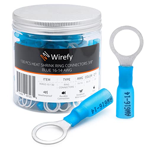 Wirefy Blaue Ringkabelschuhe Schrumpfverbinder M10 - Lötfreie Kabelschuhe Sortiment - Ringkabelschuh Quetschverbinder 1,5-2,5 mm² - 130 Stück von Wirefy