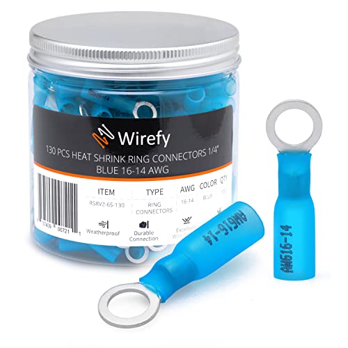 Wirefy Blaue Ringkabelschuhe Schrumpfverbinder M6 - Lötfreie Kabelschuhe Sortiment - Ringkabelschuh Quetschverbinder 1,5-2,5 mm² - 130 Stück von Wirefy