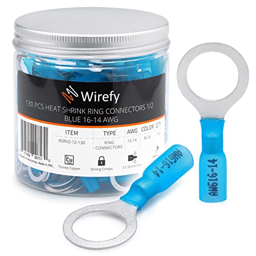 Wirefy Blaue Ringkabelschuhe Schrumpfverbinder M12 - Lötfreie Kabelschuhe Sortiment - Ringkabelschuh Quetschverbinder 1,5-2,5 mm² - 130 Stück von Wirefy