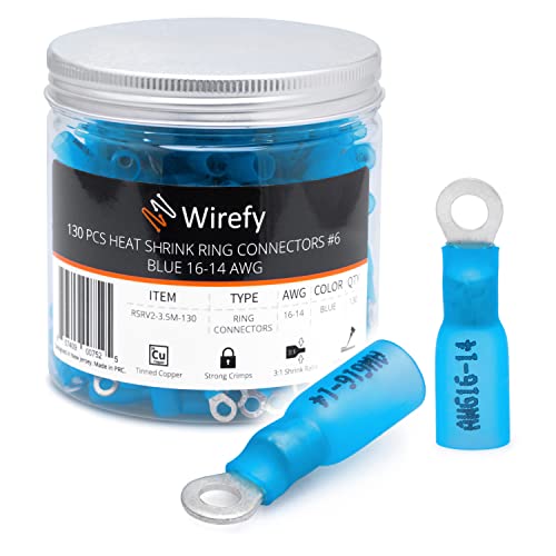 Wirefy Blaue Ringkabelschuhe Schrumpfverbinder M3.5 - Lötfreie Kabelschuhe Sortiment - Ringkabelschuh Quetschverbinder 1,5-2,5 mm² - 130 Stück von Wirefy