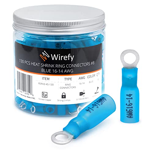Wirefy Blaue Ringkabelschuhe Schrumpfverbinder M4 - Lötfreie Kabelschuhe Sortiment - Ringkabelschuh Quetschverbinder 1,5-2,5 mm² - 130 Stück von Wirefy