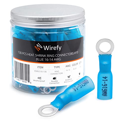 Wirefy Blaue Ringkabelschuhe Schrumpfverbinder M5 - Lötfreie Kabelschuhe Sortiment - Ringkabelschuh Quetschverbinder 1,5-2,5 mm² - 130 Stück von Wirefy