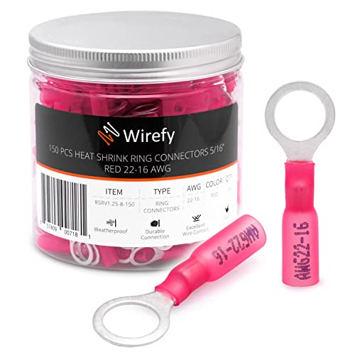 Wirefy Rote Ringkabelschuhe Schrumpfverbinder M8 - Lötfreie Kabelschuhe Sortiment - Ringkabelschuh Quetschverbinder 0,5-1,5 mm² - 150 Stück von Wirefy