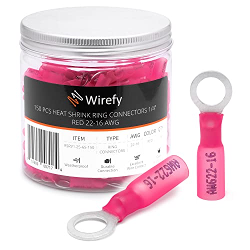 Wirefy Rote Ringkabelschuhe Schrumpfverbinder M6 - Lötfreie Kabelschuhe Sortiment - Ringkabelschuh Quetschverbinder 0,5-1,5 mm² - 150 Stück von Wirefy