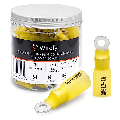 Wirefy Gelbe Ringkabelschuhe Schrumpfverbinder M3.5 - Lötfreie Kabelschuhe Sortiment - Ringkabelschuh Quetschverbinder 4-6 mm² - 90 Stück von Wirefy