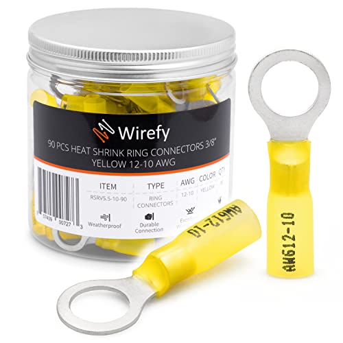 Wirefy Gelbe Ringkabelschuhe Schrumpfverbinder M10 - Lötfreie Kabelschuhe Sortiment - Ringkabelschuh Quetschverbinder 4-6 mm² - 90 Stück von Wirefy