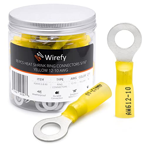 Wirefy Gelbe Ringkabelschuhe Schrumpfverbinder M8 - Lötfreie Kabelschuhe Sortiment - Ringkabelschuh Quetschverbinder 4-6 mm² - 90 Stück von Wirefy