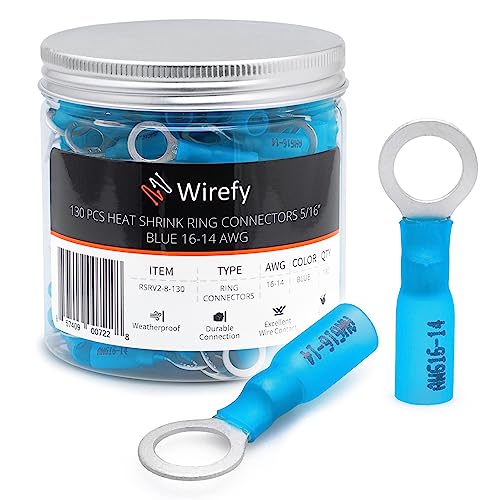 Wirefy Blaue Ringkabelschuhe Schrumpfverbinder M8 - Lötfreie Kabelschuhe Sortiment - Ringkabelschuh Quetschverbinder 1,5-2,5 mm² - 130 Stück von Wirefy