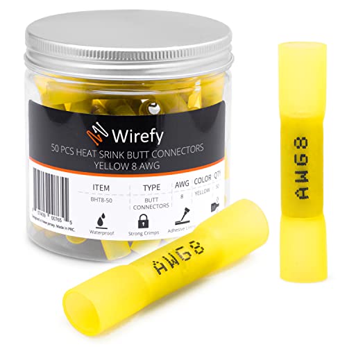 Wirefy Gelbe Kabelverbinder Wasserdicht im Set - 3:1 Schrumpfrate Quetschverbinder - Stoßfeste Verbinder Kfz als Alternative zu Lötverbinder - 8 mm² - 50 Stück von Wirefy