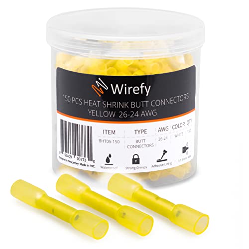 Wirefy Gelbe Stoßverbinder Kabelverbinder Wasserdicht im Set - 3:1 Schrumpfrate Quetschverbinder - Stoßfeste Verbinder Kfz als Alternative zu Lötverbinder - 0,125-0,3mm² - 150 Stück von Wirefy