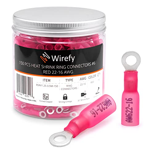 Wirefy Rote Ringkabelschuhe Schrumpfverbinder M3.5 - Lötfreie Kabelschuhe Sortiment - Ringkabelschuh Quetschverbinder 0,5-1,5 mm² - 150 Stück von Wirefy