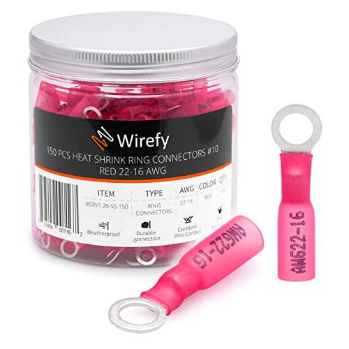 Wirefy Rote Ringkabelschuhe Schrumpfverbinder M5 - Lötfreie Kabelschuhe Sortiment - Ringkabelschuh Quetschverbinder 0,5-1,5 mm² - 150 Stück von Wirefy