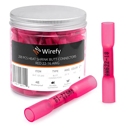 Wirefy Rote Stoßverbinder Kabelverbinder Wasserdicht im Set - 3:1 Schrumpfrate Quetschverbinder - Stoßfeste Verbinder Kfz als Alternative zu Lötverbinder - 0,5-1,5 mm² - 200 Stück von Wirefy