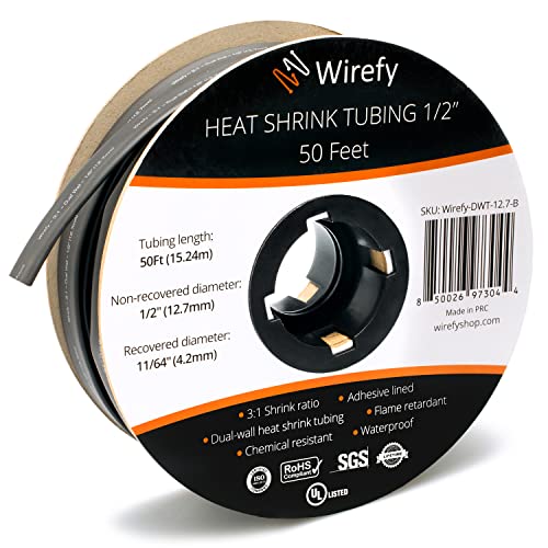 Wirefy Schrumpfschlauch Metrware mit Kleber 15m - 3:1 Schrumpfverhältnis, Doppelwandiger Schrumpfschlauch Wasserdicht - Heat Shrink Tube Set Schwarz Ø 12,7mm von Wirefy