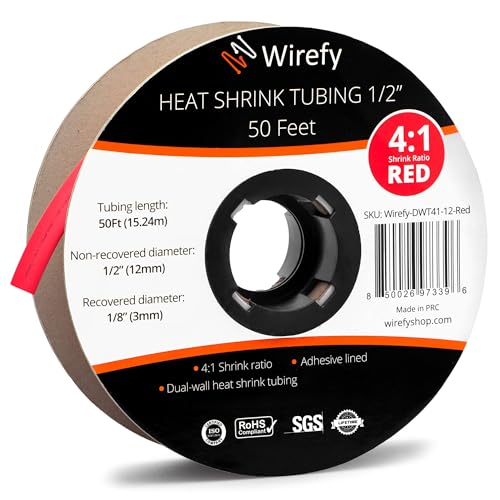 Wirefy Schrumpfschlauch Rolle - 12mm - 15,25m - 4:1 Schrumpf-Rate - Schrumpfschlauch Rot Wasserdicht - Kabel Reparaturset als Löt-Zubehör - Heat Shrink Tubing von Wirefy