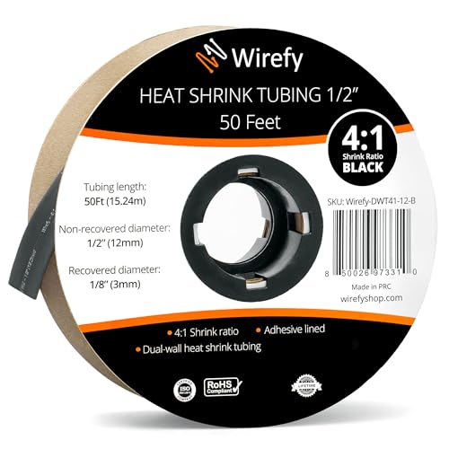 Wirefy Schrumpfschlauch Rolle - 12mm - 15,25m - 4:1 Schrumpf-Rate - Schrumpfschlauch Schwarz Wasserdicht - Kabel Reparaturset als Löt-Zubehör - Heat Shrink Tubing von Wirefy