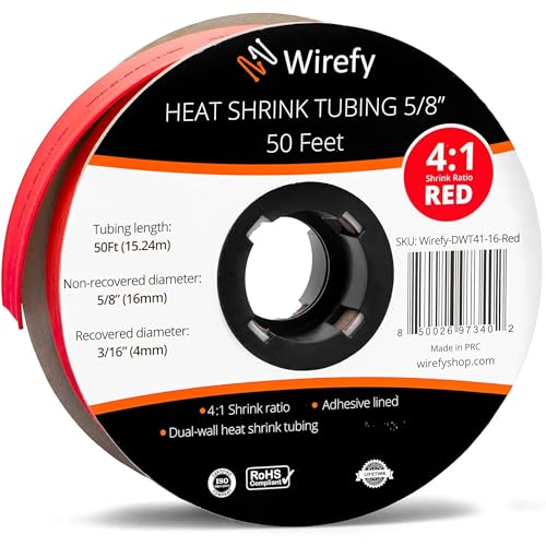Wirefy Schrumpfschlauch Rolle - 16mm - 15,25m - 4:1 Schrumpf-Rate - Schrumpfschlauch Rot Wasserdicht - Kabel Reparaturset als Löt-Zubehör - Heat Shrink Tubing von Wirefy