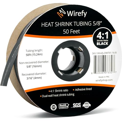 Wirefy Schrumpfschlauch Rolle - 16mm - 15,25m - 4:1 Schrumpf-Rate - Schrumpfschlauch Schwarz Wasserdicht - Kabel Reparaturset als Löt-Zubehör - Heat Shrink Tubing von Wirefy