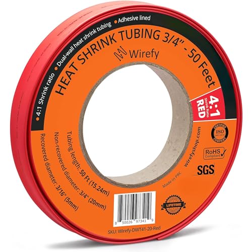 Wirefy Schrumpfschlauch Rolle - 20mm - 15,25m - 4:1 Schrumpf-Rate - Schrumpfschlauch Rot Wasserdicht - Kabel Reparaturset als Löt-Zubehör - Heat Shrink Tubing von Wirefy