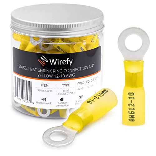 Wirefy Gelbe Ringkabelschuhe Schrumpfverbinder M6 - Lötfreie Kabelschuhe Sortiment - Ringkabelschuh Quetschverbinder 4-6 mm² - 90 Stück von Wirefy