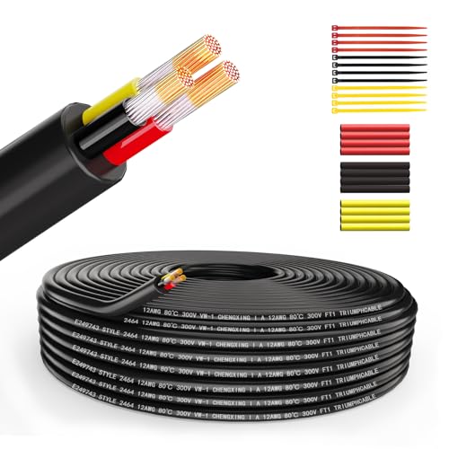 Wirelume 12AWG 3x3 mm² Kabel Elektrischer Draht 3 Adrig Cable 5V/12V/24V verseilt PVC Stromkabel 10FT/3.048M Niederspannung verzinnt Kupferkabel Mantelleitung Feuchtraumkabel Elektrokabel von Wirelume